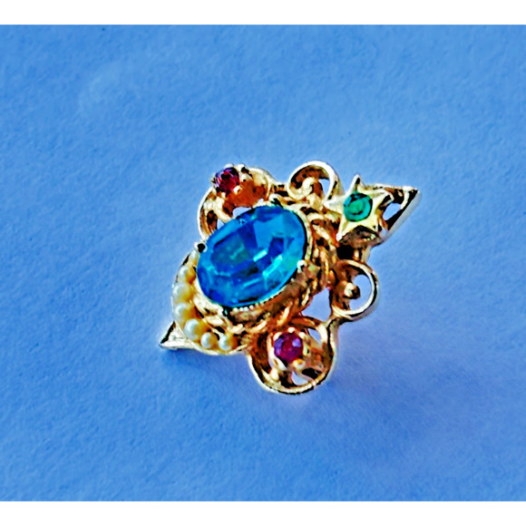 Coro signed vintage aqua blue rhinestone & faux pearl brooch pin goldtone 1" - Picture 6 of 13